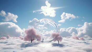 Hyperrealistic Pink Clouds and Trees The Large Circular Structure AI generated photo