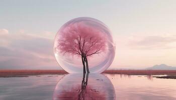 Hyperrealistic Pink Clouds and Trees The Large Circular Structure AI generated photo