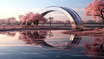 Hyperrealistic Pink Clouds and Trees The Large Circular Structure AI generated photo