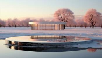 Hyperrealistic Pink Clouds and Trees The Large Circular Structure AI generated photo