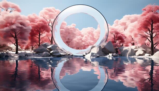 Hyperrealistic Pink Clouds and Trees The Large Circular Structure AI generated photo