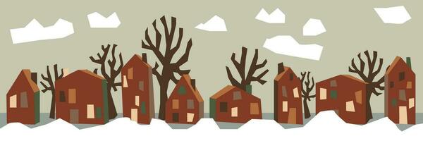 Geometric dark houses, smoke, tree branches stand in a row and in the snow. It can be used for fabric, wrapping paper, scrapbooking, textiles, posters, banners and other decoration. Houses on street vector