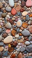 Carpet background surrounded by various colorful decorative stones from top view, background image, vertical format, generative AI photo