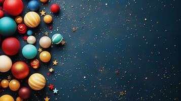 space for text on textured background surrounded by colorful ball toys from top view, background image, AI generated photo