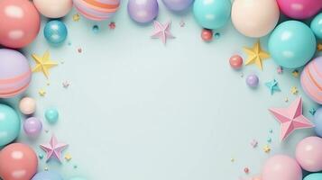 space for text on pastel background surrounded by colorful ball toys from top view, background image, AI generated photo