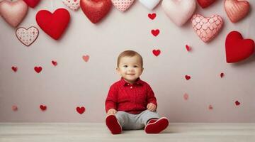 Cute little toddler boy against valentine's day ambience background with space for text, children background image, AI generated photo