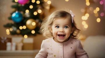 An excited toddler girl against new year's party ambience background with space for text, children background image, AI generated photo