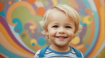 sonriente linda pequeño niñito chico en contra vistoso antecedentes con espacio para texto, niños antecedentes imagen, ai generado foto