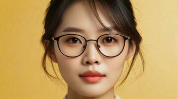 Beautiful chinese female wearing glasses against yellow background with space for text, background image, AI generated photo