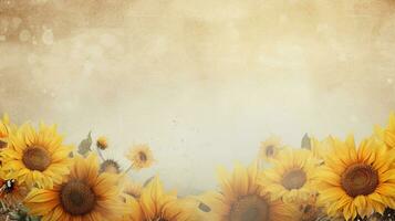 space for text on textured background surrounded by sunflowers, background image, AI generated photo