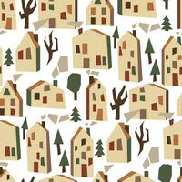 Seamless pattern with geometric light houses, smoke, trees, Christmas trees. It can be used for fabric, wrapping paper, scrapbooking, textiles, posters, banners and other decoration. Houses on white vector