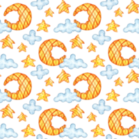 Watercolor illustration childish pattern of orange stars, moon and blue clouds isolated. Design concept for poster, card, banner, clothing, wallpaper, wrapping paper, packaging, sticker, postcard png