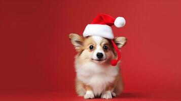 Cute White Dog with Christmas Hat Isolated on the Minimalist Background photo