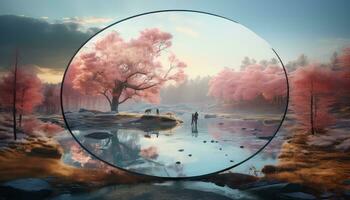 Circular Wonder with Pink Clouds and Trees AI generated photo