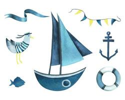 A boat with sails, a lifebuoy, an anchor, a garland with flags, a seagull in a vest, a ribbon and a fish. Watercolor illustration hand drawn in a childish simple style. Set on a white background. vector