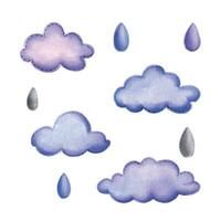 Blue, lilac clouds, raindrops are sewn from fabric with thread stitches. Watercolor illustration, hand drawn. Set of isolated objects on white background vector