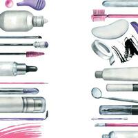 Tools and cosmetics for the master of eyelash and eyebrow extension and lamination. Watercolor illustration, hand drawn. Frame, template on a white background vector