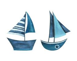 mar barcos a rayas, azul, turquesa. acuarela ilustración mano dibujado en un resumen infantil estilo. conjunto de aislado elementos en un blanco antecedentes. vector