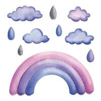 Blue, lilac rainbow, clouds, raindrops are sewn from fabric with thread stitches. Watercolor illustration, hand drawn. Set of isolated objects on white background vector