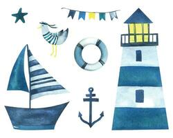 Sea boat, lighthouse, anchor, seagulls, lifebuoy and garland flags. Watercolor illustration hand drawn in an abstract childish style. Set of isolated elements on a white background vector