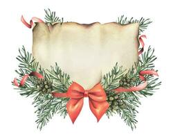 Clásico papiro papel sábana con pino sucursales, pino conos, rojo arco y cintas mano dibujado acuarela ilustración. modelo para un letra en un blanco antecedentes para nuevo año y Navidad. vector