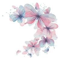 Butterflies are pink, blue, lilac, flying, delicate with wings and splashes of paint. Hand drawn watercolor illustration. Isolated composition on a white background, for design. vector
