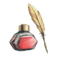 Glass transparent inkwell, red ink jar with gold lid, Gold pen with quill feather. Hand drawn watercolor illustration. Set of isolated object on a white background from the Valentine's Day collection vector