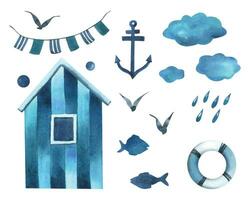 Sea cabin, anchor, clouds with raindrops, seagulls, fish, lifebuoy, garland with flags. Watercolor illustration hand drawn in a childish simple style. Set of isolated elements on a white background vector