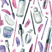 Tools and cosmetics for the master of eyelash and eyebrow extension and lamination. Watercolor illustration, hand drawn. Seamless pattern on a white background. For packaging, branding, fabrics. vector