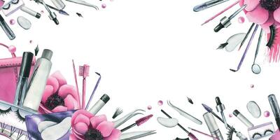 Cosmetics and brushes for eyes and eyebrows, tweezers with pink anemone flowers. Watercolor illustration hand drawn. Frame on a white background vector