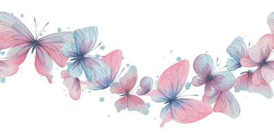 Butterflies are pink, blue, lilac, flying, delicate with wings and splashes of paint. Hand drawn watercolor illustration. Seamless border on a white background, for design vector