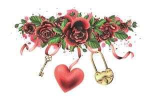 For Valentine's Day, red roses with a gold key, lock and heart suspended on ribbons. Hand drawn watercolor illustration. Isolated composition on a white background vector