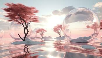 Aquamarine Skies and Hyperreal Pink Clouds Circular Landscape AI generated photo