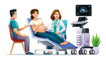 Pregnant woman have ultrasound in clinic. Couple doing regular medical check up pregnancy with doctor. Vector cartoon character illustration