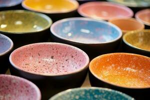 Handcrafted Ceramic bowl with colorful powder. Generate Ai photo