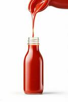 Pouring tasty red ketchup from bottle banner. Generate Ai photo