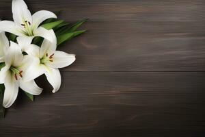 White lily flowers on wooden background. Top view with copy space.Funeral Concept AI generated photo