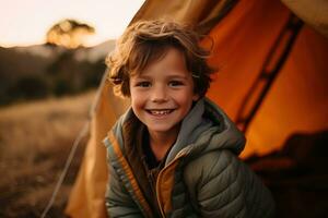 Portrait of a cute boy looking at camera while near his tent in nature AI generated photo