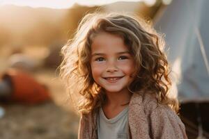 retrato de linda pequeño niña a cámara mientras en pie cerca cámping tienda a puesta de sol ai generado foto