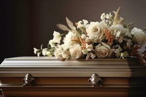 blanco ataúd con flores el concepto de funeral. ai generado foto