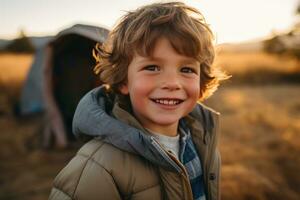 Portrait of a cute boy looking at camera while near his tent in nature AI generated photo