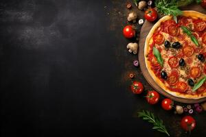 Pepperoni pizza on a Dark background. Top view with copy space. AI generated photo