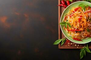 Thai food Som tum, Spicy green papaya salad.Top view AI generated photo