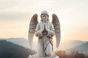 ángel estatua con amanecer en el fondo, religión y espiritualidad concepto. ai generado foto