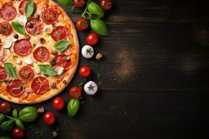 Pepperoni pizza on a Dark background. Top view with copy space. AI generated photo