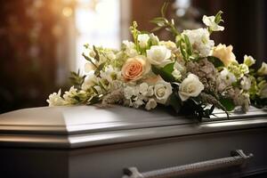 White coffin with flowers. The concept of funeral. AI generated photo