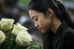 Portrait of a little asian girl with in the cemetery,Funeral Concept AI generated photo