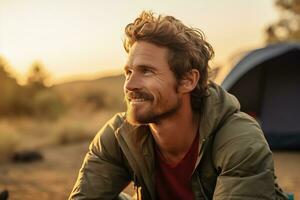 Portrait of man looking at camera while near camping tent at sunset AI generated photo