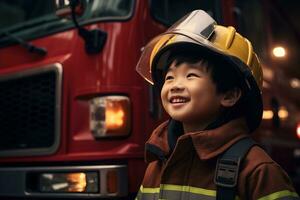 Portrait of cute little boy wearing firefighter uniform in the fire department AI generated photo