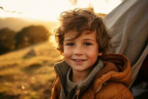 Portrait of a cute boy looking at camera while near his tent in nature AI generated photo